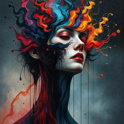 The primary subject of the image is a woman with a unique and artistic appearance. She has a colorful and vibrant headpiece, featuring a mix of red, blue, and orange colors. The setting is a dark background, which contrasts with the woman's vivid and eye-catching headpiece. The visual style of the image is a digital art or illustration, showcasing the creativity and skill of the artist. The colors and mood of the image are lively and energetic,